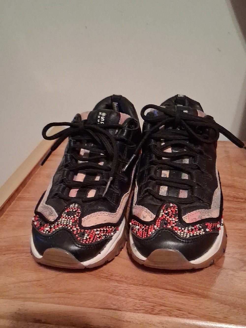 Women's Black and Pink Mixed-Media Skechers Sport Sneakers